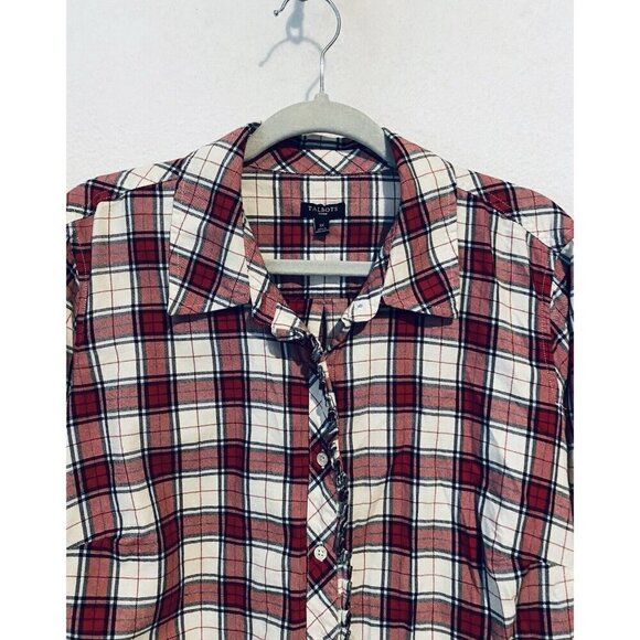 Talbots Top Womens 1X Red Metallic Plaid Button Up Ruffle Western Cottagecore - Picture 2 of 6